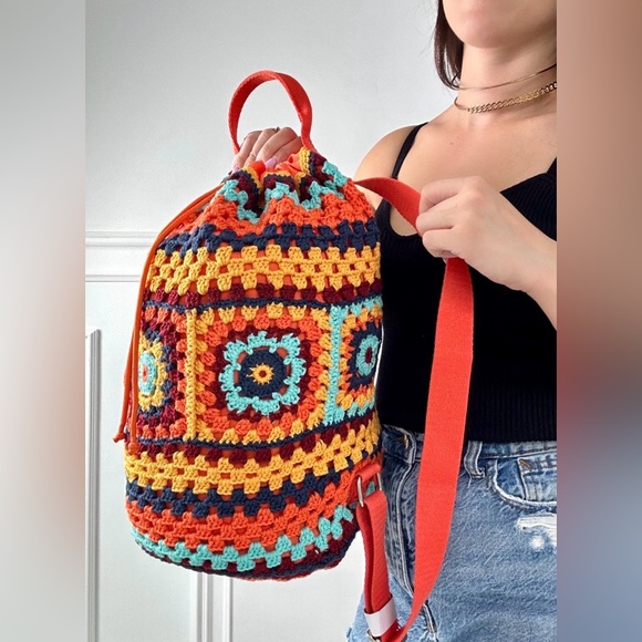 NWT Cider Retro Crochet Granny Square Drawstring Backpack Boho - Picture 3 of 16
